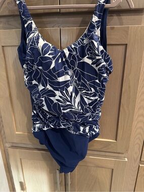 Lands' End Navy Swimsuit with White Floral Print